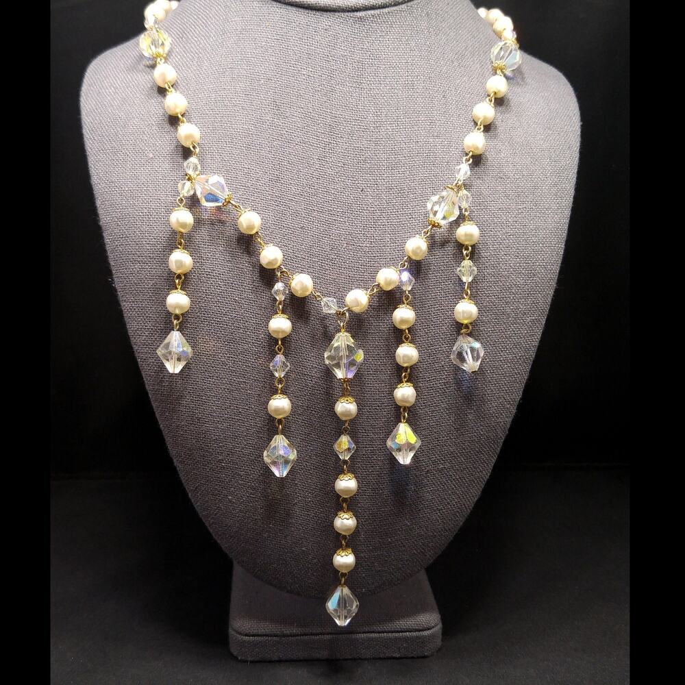 Vintage Crystal Faux Pearl Dangle Necklace, Large Aurora Borealis Crystal Beads